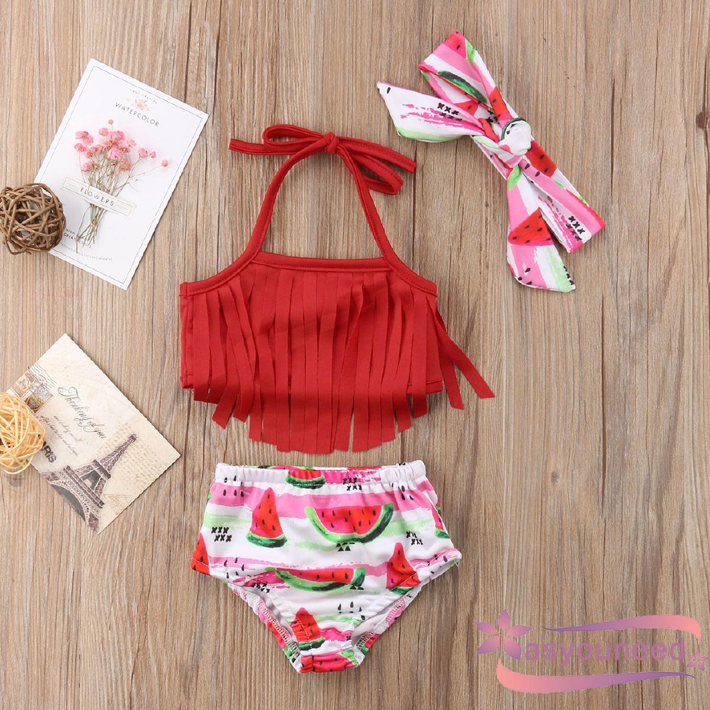 Set bikini 2 mảnh kèm băng đô vải in hình dưa hấu dễ thương xinh xắn cho bé gái