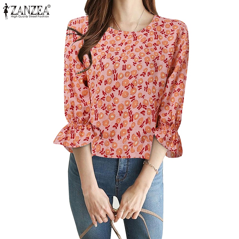 ZANZEA Áo Kiểu Tay Phồng Cổ Tròn 3 / 4 Thời Trang Dành Cho Nữ