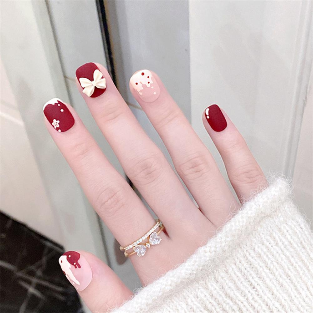 Bộ 24 Móng Tay Giả Ngắn Hình Nơ / Trái Tim B9N3 Dễ Tháo Rời