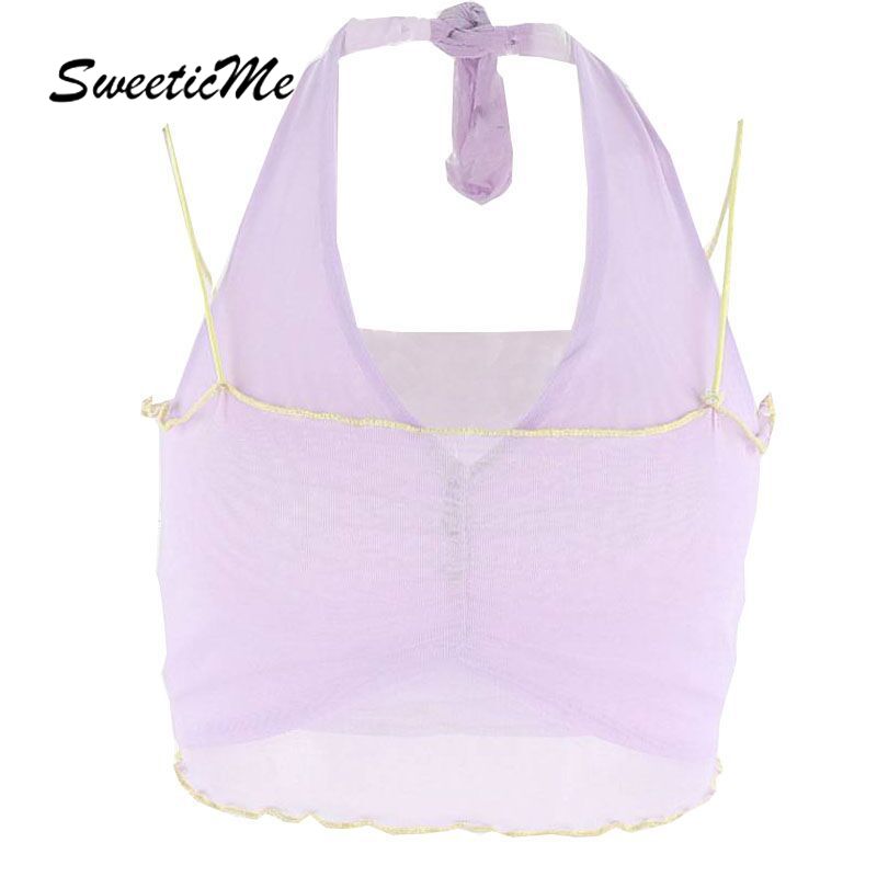 SweeticMe Women's 2021 New Sexy V-neck Wrap Chest Perspective Mesh Contrast Backless Halter Top