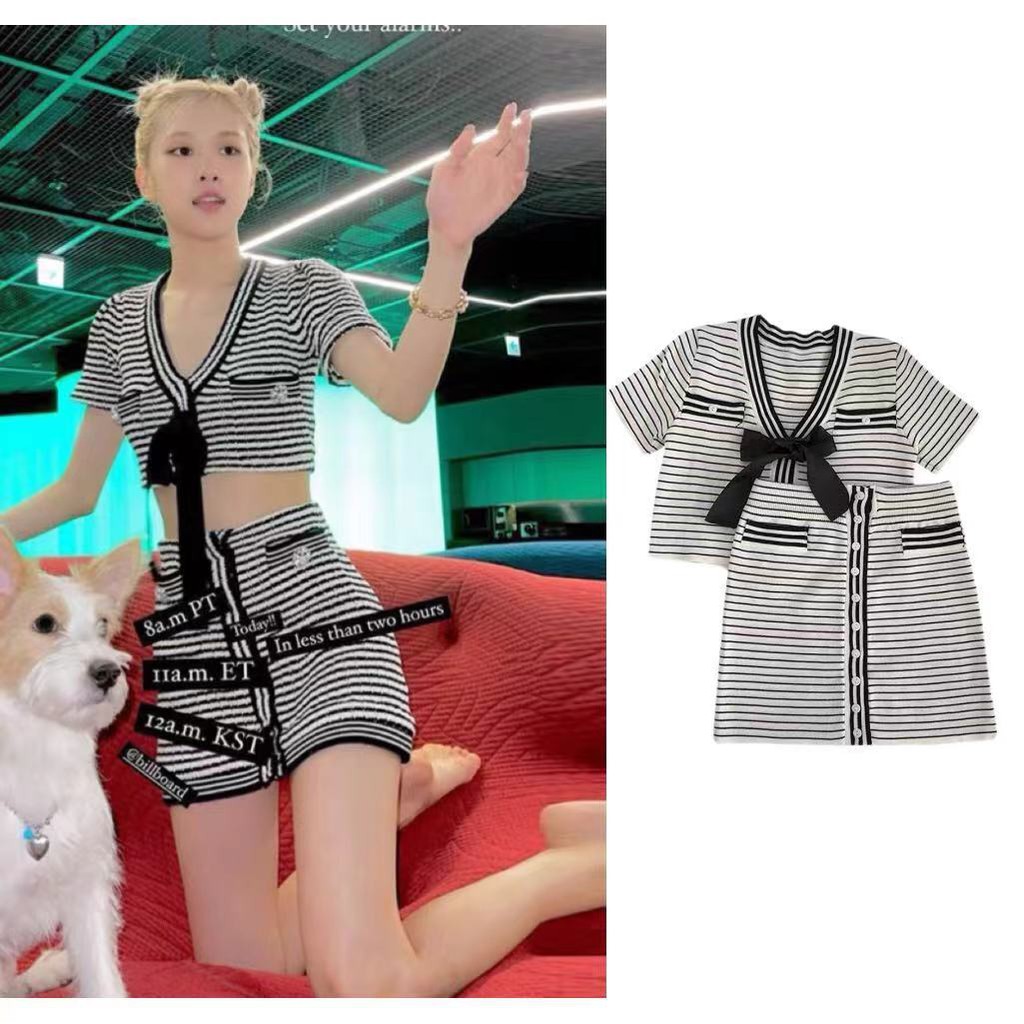 blackpink rose Set Áo Croptop Tay Ngắn + Chân Váy Mini Lưng Cao Họa Tiết Kẻ Sọc Đính Nơ Dễ Thương Cho Nữ
