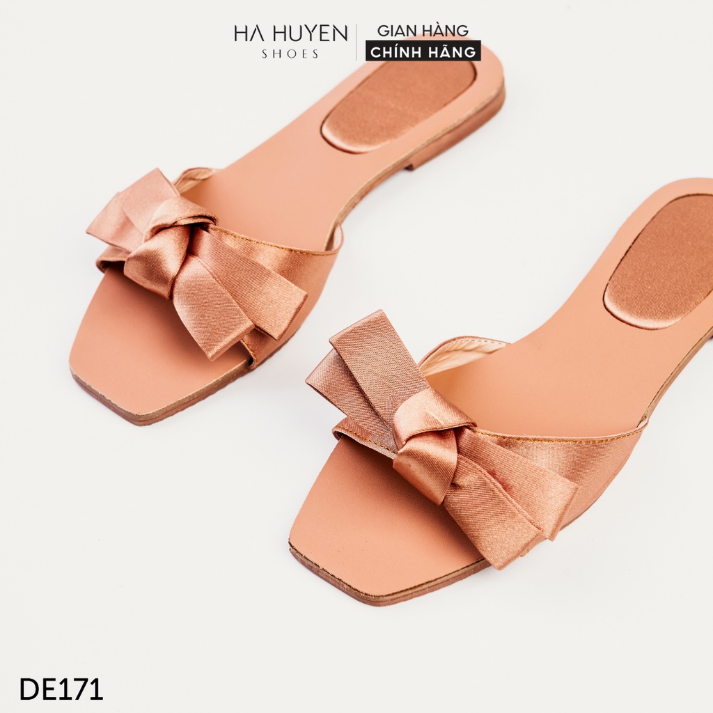 Dép nữ Hà Huyền Shoes mũi cắt cạnh nơ lụa chéo đế ép 1 phân thời trang - DE171