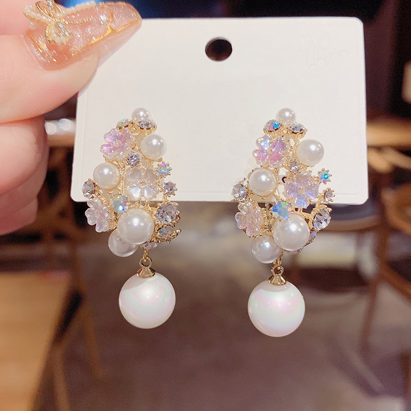 Khuyên tai mạ bạc 925 hình bông hoa đính ngọc trai giả phong cách sang trọng