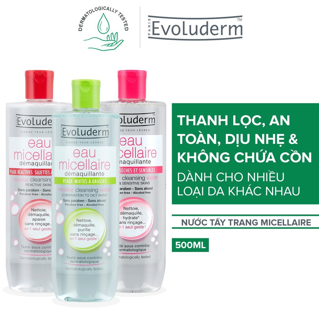 [Mã COSGLORIAT3 -8% đơn 250K] Nước Tẩy Trang Evoluderm Eau Micellaire 500ml (Tùy Chọn)