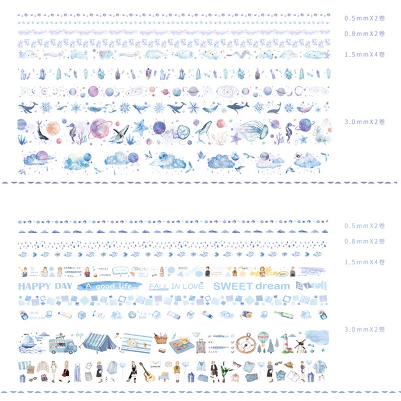 Set 10 Cuộn Băng Dính Washi Nhiều Màu Sắc Trang Trí Sổ Tay