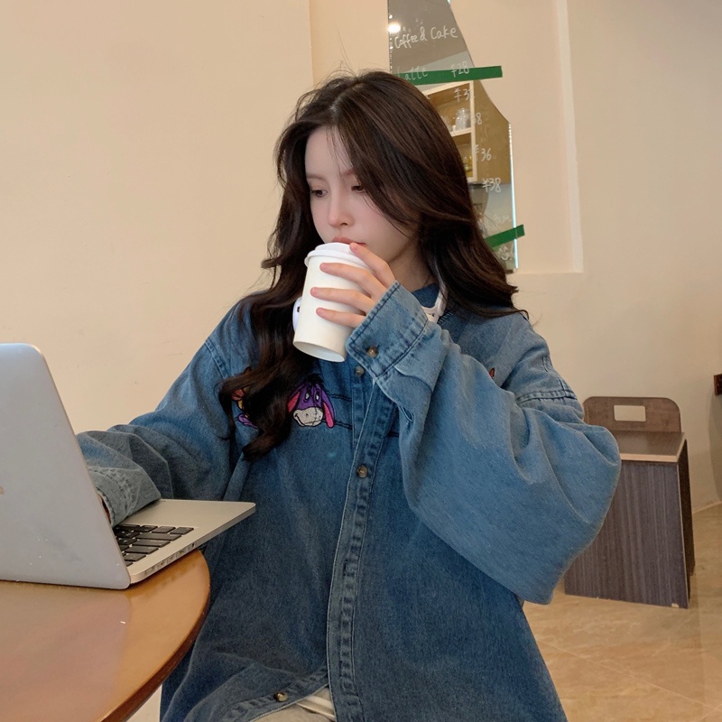 ZHELIHANGFEI Áo Sơ Mi Denim Họa Tiết Thêu Theo Phong Cách Retro Mỹ Dễ Phối Đồ