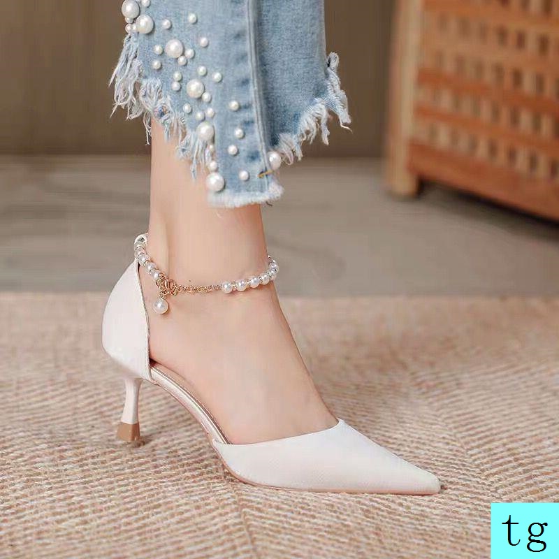 Giày cao gót nữ đính ngọc trai kiểu Pháp mùa hè mới