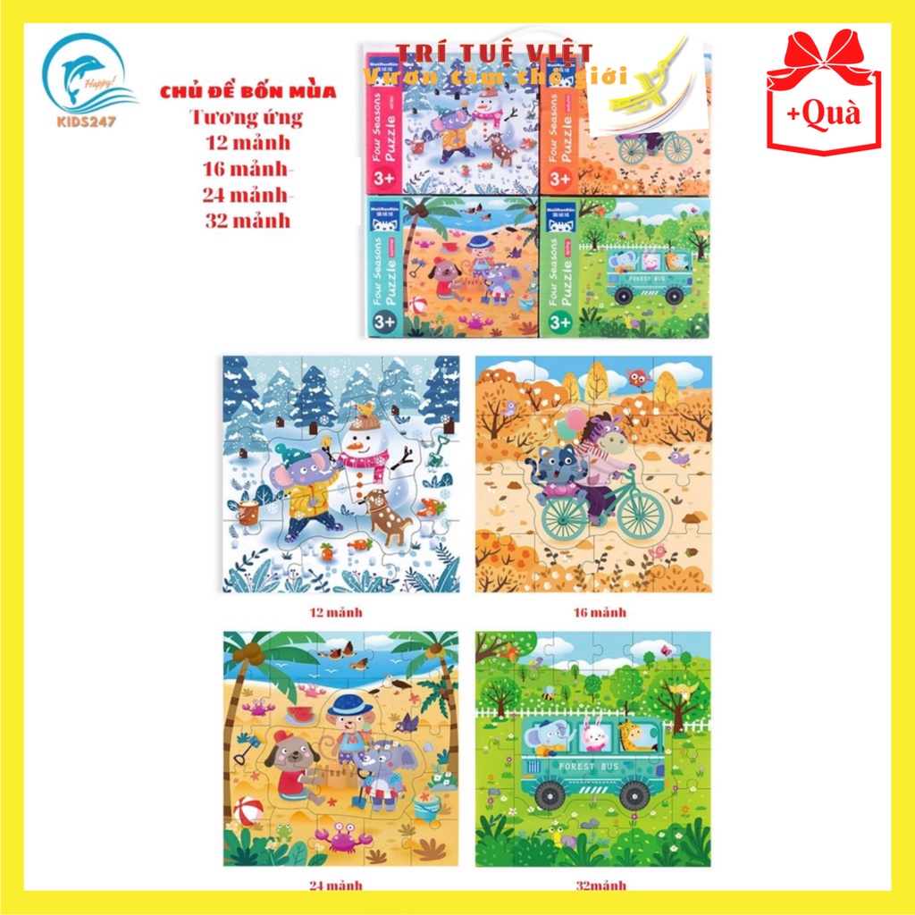 Đồ Chơi Tranh Ghép Puzzle Xếp Hình Bằng Gỗ 4 Cấp Độ Từ Dễ Đến Khó 12,16,24,32 Miếng Khủng Long, GT, 4 Mùa TRITUEVIET