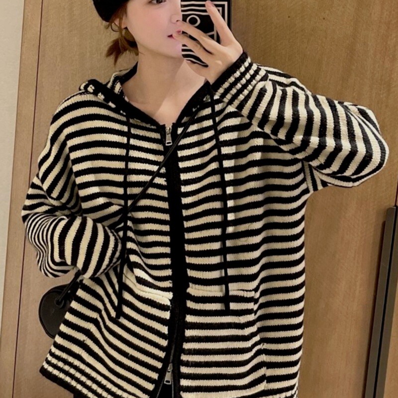 Áo hoodie ZHELIHANGFEI tay dài dáng rộng họa tiết kẻ sọc dễ phối đồ