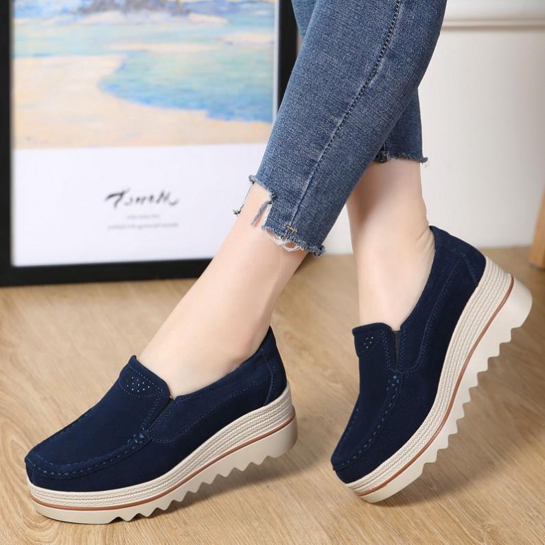 Giày Slip-On Nữ Đế Xuồng Vải Da Bò Thời Trang Chất Lượng Cao .