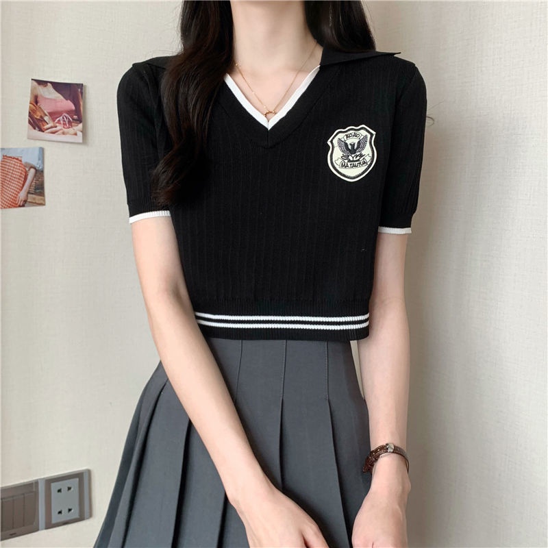 Áo Thun Dệt Kim Tay Ngắn Cổ Polo Vải Lụa Lạnh Kiểu Phương Tây Thời Trang Mùa Hè 2022