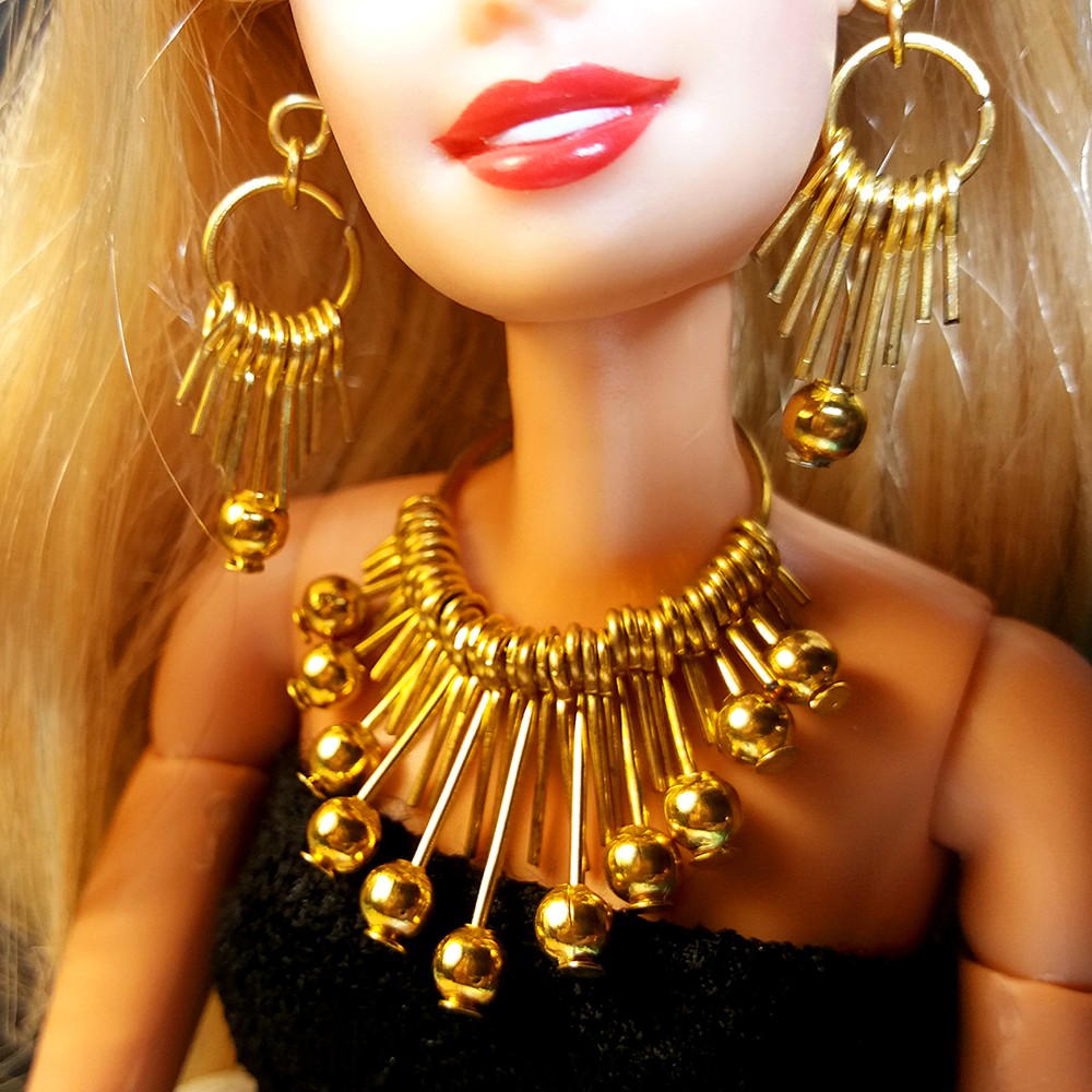 Phụ kiện Búp bê: Vòng cổ, bông tai Handmade Mạ Vàng cho Búp bê Barbie, chất liệu cao cấp - Bộ Trang sức mini dễ thương