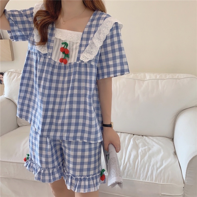 Đồ Bộ Nữ Mặc Nhà Tiểu Thư Caro tay phồng phối ren Quảng Châu ULZZANG