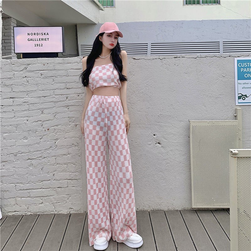 Áo ống và Quần dài ống rộng in sọc caro phong cách hè cho nữ (Có bán lẻ)