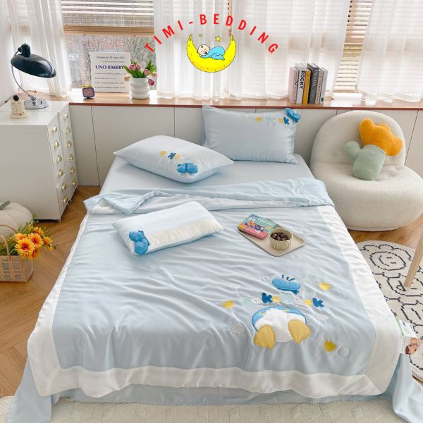 Bộ chăn ga gối tencel họa tiết nhiều màu sắc nhập khẩu cao cấp set 4 món chăn trần – Timibedding