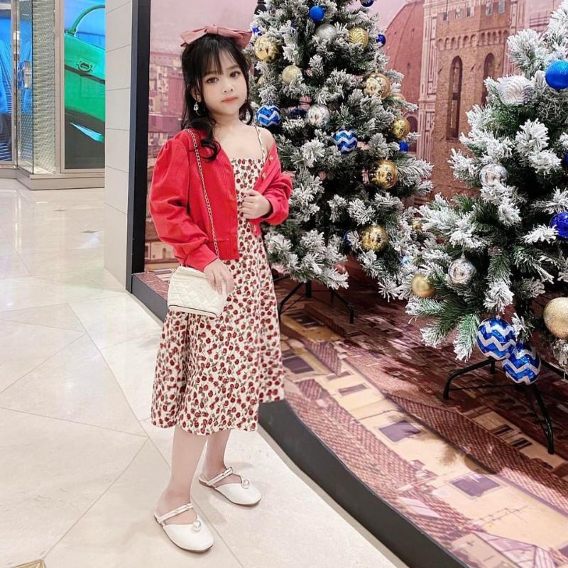 Váy bé gái nhung hoa kèm áo khoác đỏ size 13-38kg