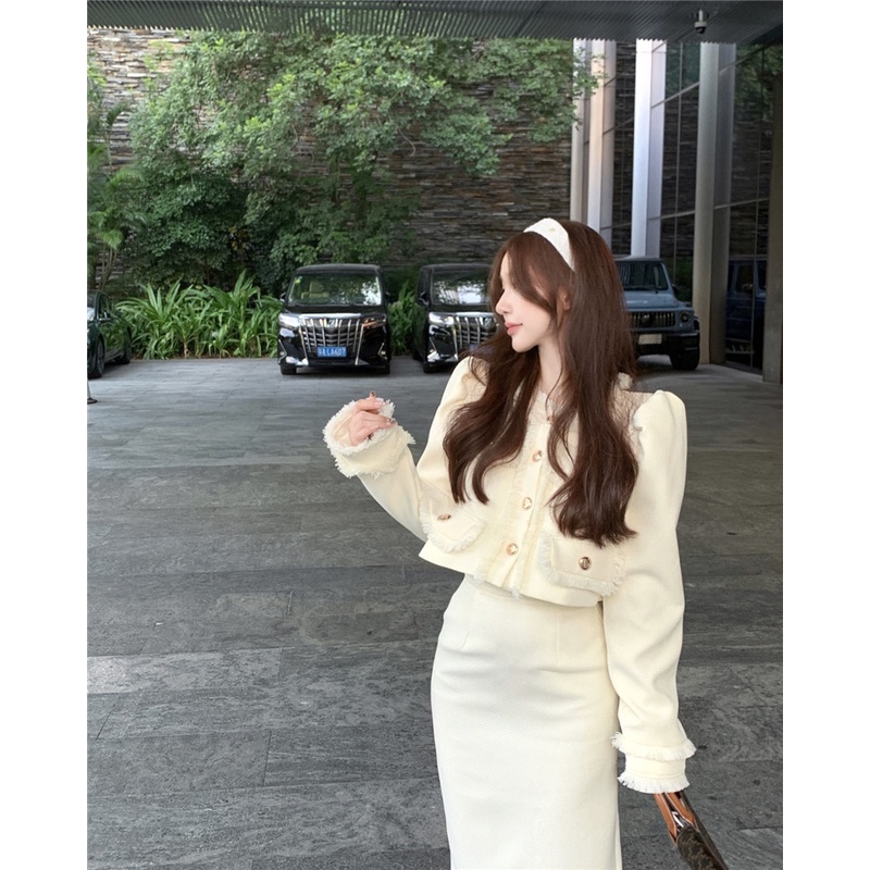 Set Áo Dạ Trắng Và Chân Váy Bút Chì Thiết Kế Hàng Quảng Châu Cao Cấp Phong Cách Tiểu Thư Phù Hợp Đi Ăn Tiệc Cưới Du Lịch