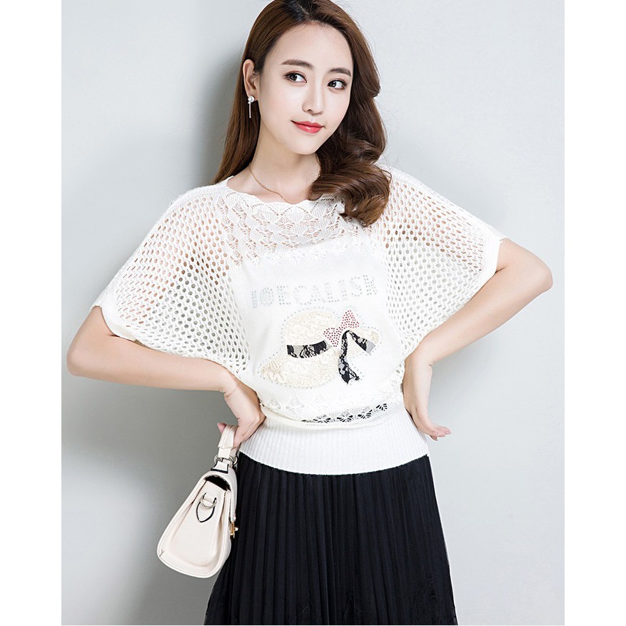 Áo len nữ phối lưới mỏng thời trang, áo len cánh rơi mặc được 4 mùa