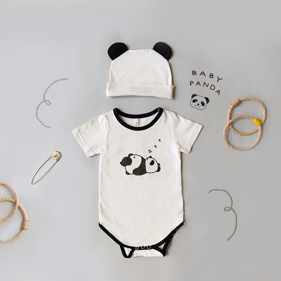 Bộ Áo Liền Quần Cotton Tay Ngắn In Hình Gấu Trúc Với Mũ Đáng Yêu Thoải Mái Thời Trang Hè Cho Bé