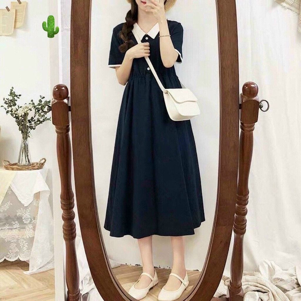 Đầm cổ bẻ cài nút tiểu thư dáng suông , chất kate lụa mềm mịn ( ảnh thật )