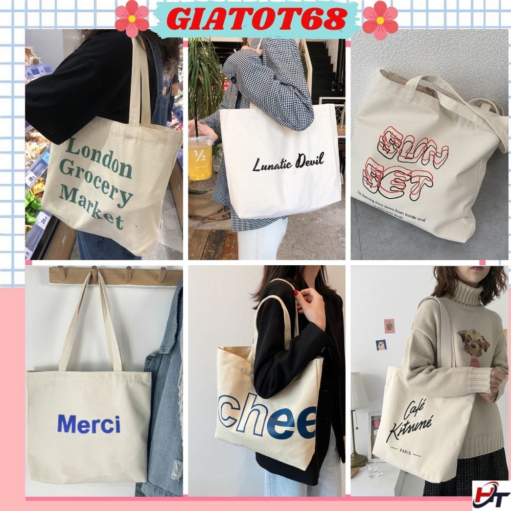 Túi vải bố canvas tote dáng vuông hoạ tiết đơn giản Giatot68 558