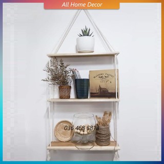 Kệ gỗ treo tường Alpha, kệ ngang 3 tầng có dây trang trí phong cách retro 30cm