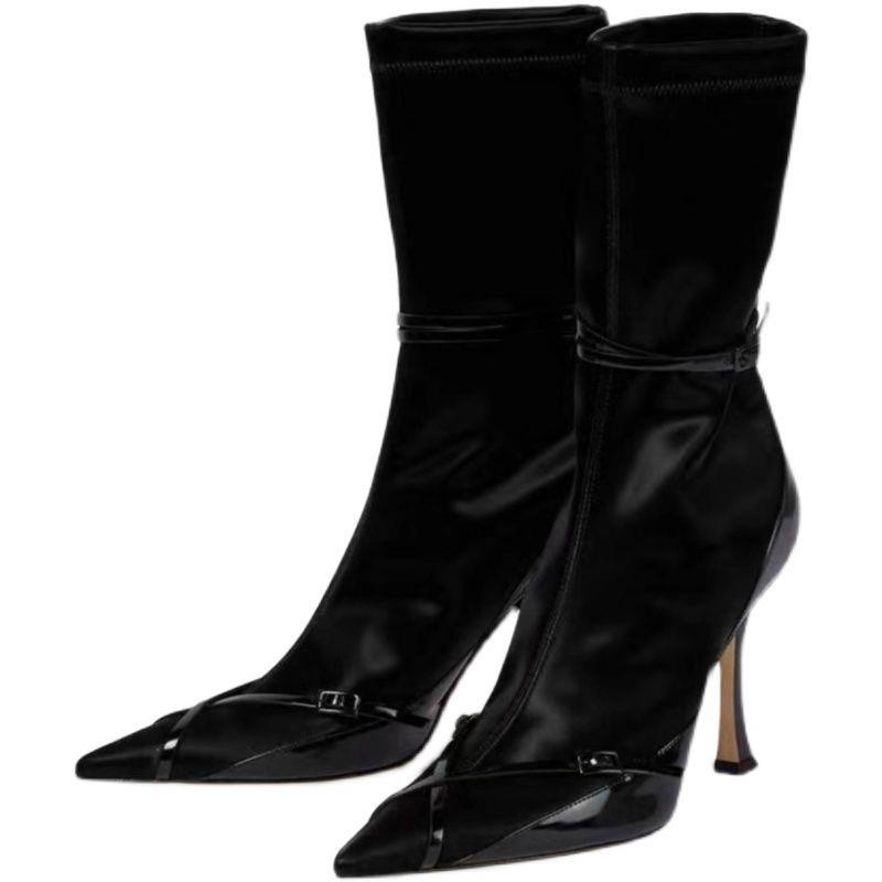 Giày Bốt Cao Gót Da Bóng Mỏng Mũi Nhọn Đính Nơ Kiểu Retro Thời Trang Mùa Đông 2022