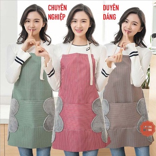 Tạp dề kẻ hoa có khăn lau tay bên hông, tạp dề chống thấm nước