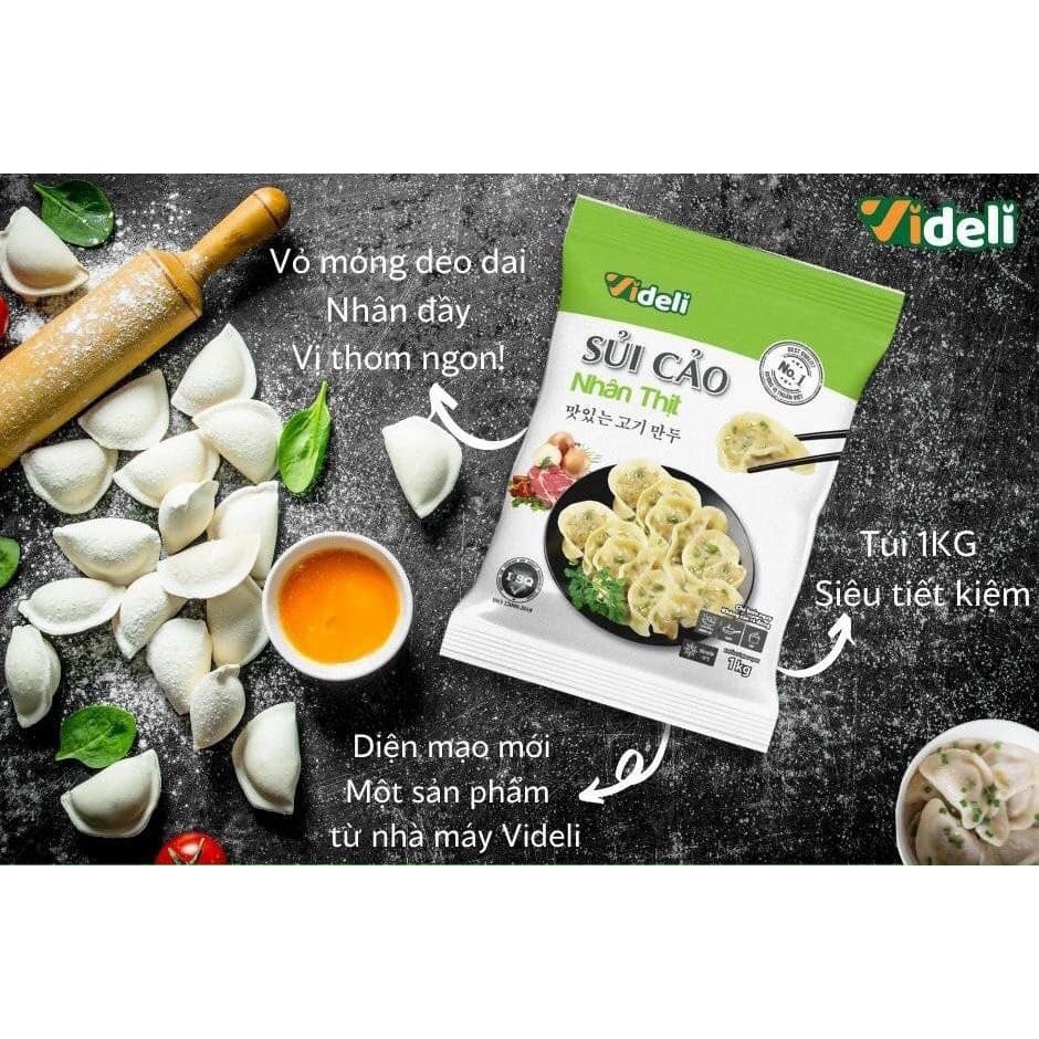 Sủi cảo nhân thịt videli túi 1kg,  thả lẩu, ăn kèm mì tôm, rán giòn chấm tương ngon mê ly  [Ship Hỏa Tốc Hà Nội]