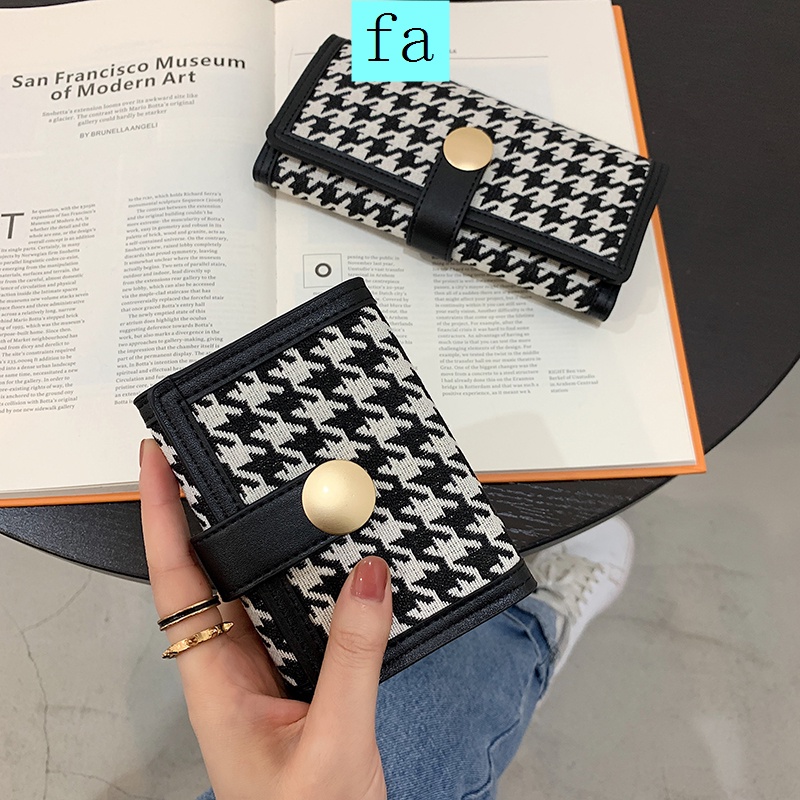 Mới Houndstooth Canvas Ví nhỏ của phụ nữ Màu sắc tương phản ngắn Gấp tiền xu Ví đựng nhiều thẻ Vị trí Khóa ly hợp dài