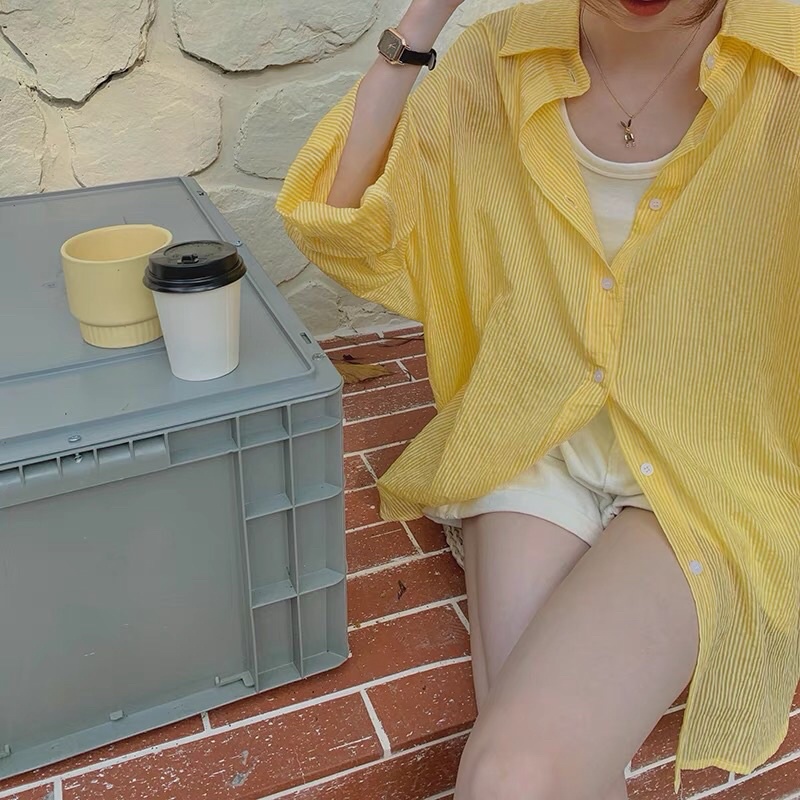 Áo sơ mi kẻ sọc dài tay màu vàng vải cotton siêu xinh❤️