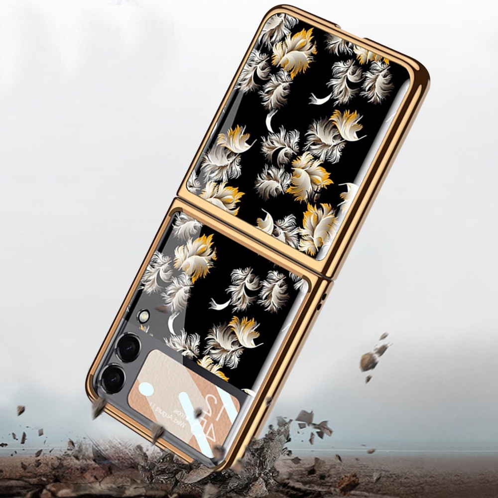 Ốp điện thoại mặt kính cứng chống sốc in hoa cho Samsung Galaxy Z Flip 3