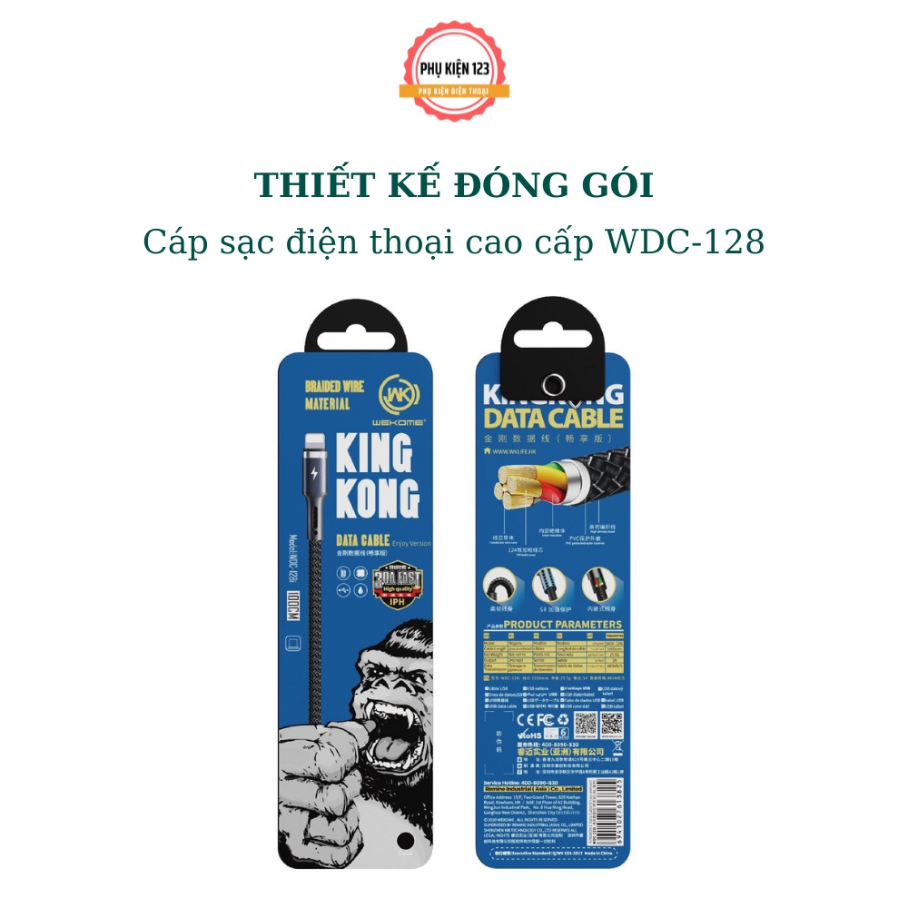 Cáp sạc nhanh King Kong 3A Wekome  WDC-128 dây dù chống lắc cơ học siêu bền