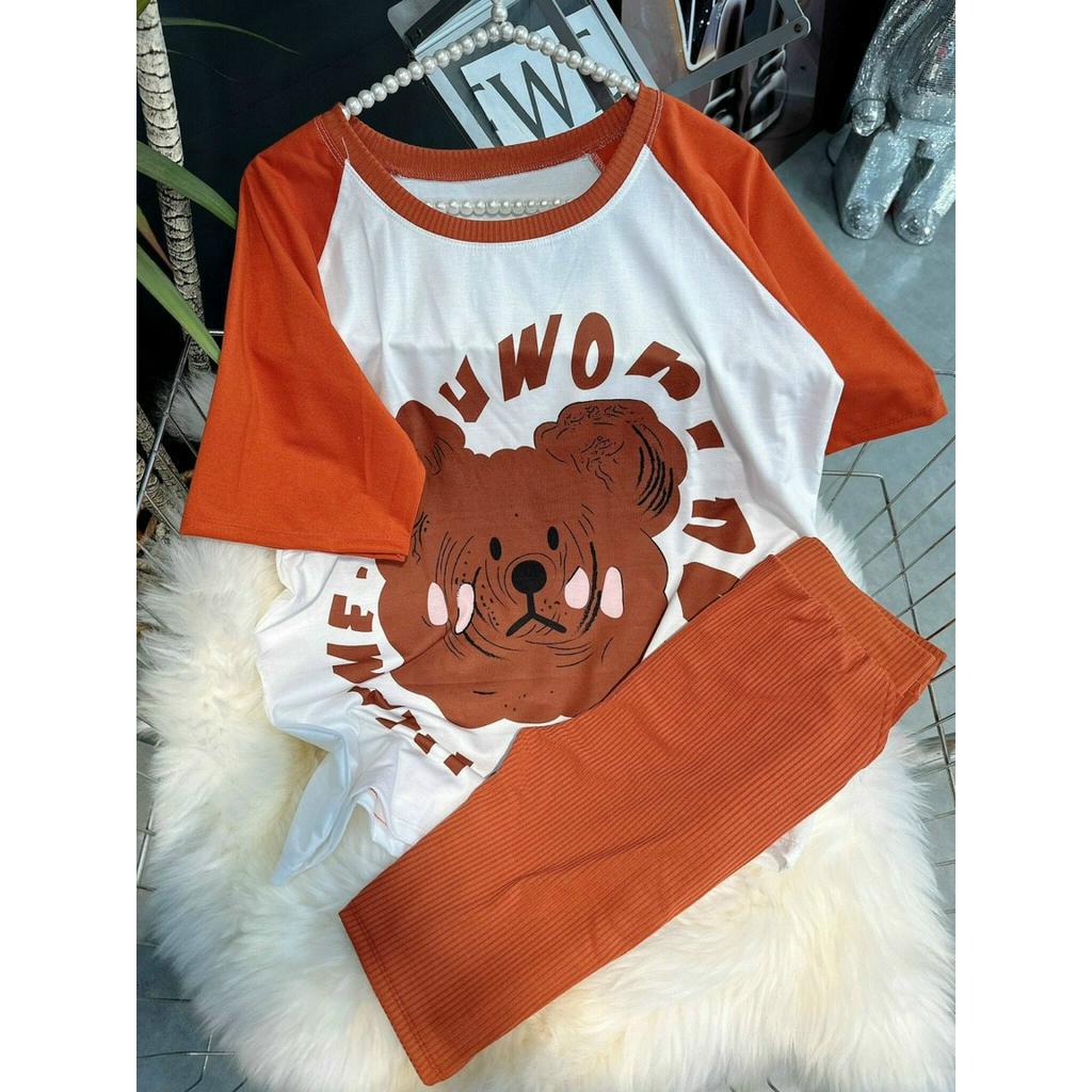 Đồ bộ mặc nhà from rộng in gấu tay phối cute mix quần ôm legging,bộ thun co dãn thoáng mát