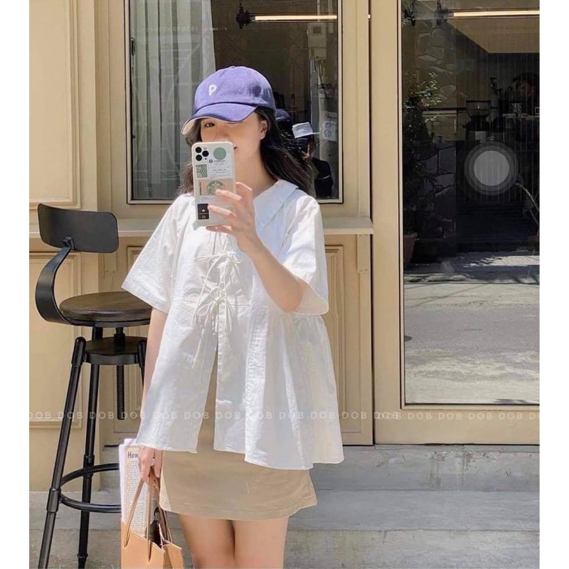 [66HOAN15K12H] Set áo babydoll trắng nơ ngực chân váy dáng A be Ulzzang