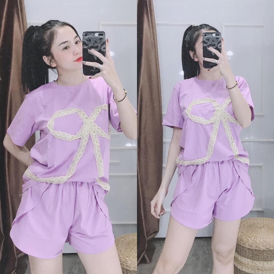 Set Đồ Bộ Đùi Phối Nơ Chất Liệu Thun Cotton