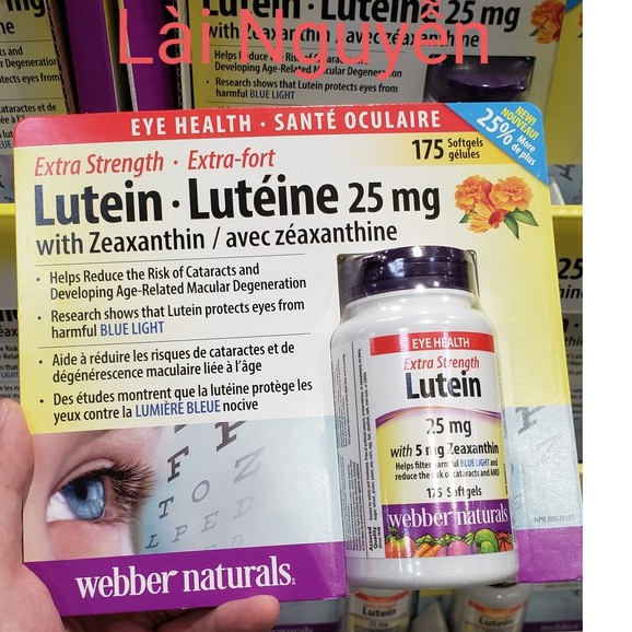Bổ mắt, ngừa cườm, sáng mắt Lutein Extra Strength 25mg và 5 mg Zeaxanthin Webber Naturals 175 viên mềm