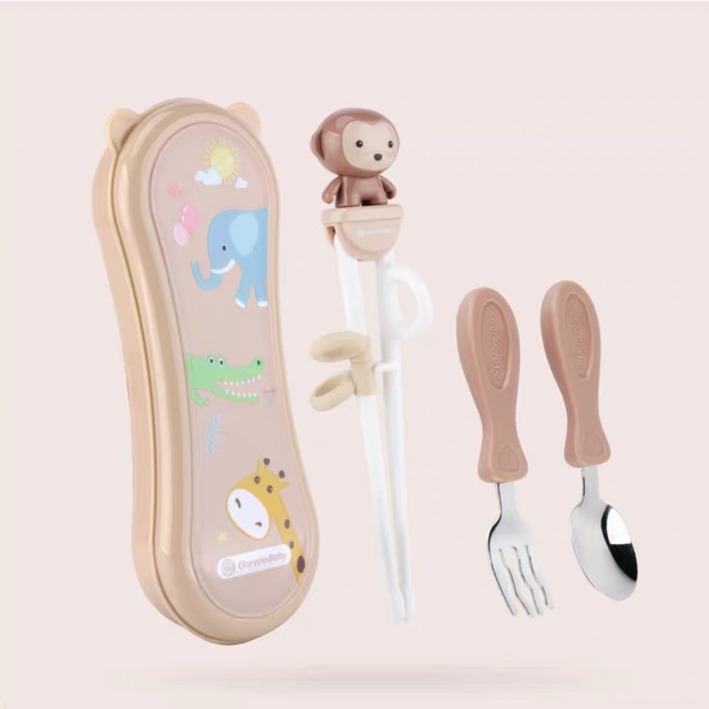 COMBO 3 MÓN - Bộ thìa dĩa đũa tập ăn dặm cho bé dễ thương hiệu Goryeo Baby Hàn Quốc LT02