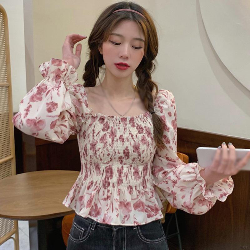 Áo croptop chiffon cổ vuông in họa tiết hoa phong cách Hàn Quốc quyến rũ cho nữ