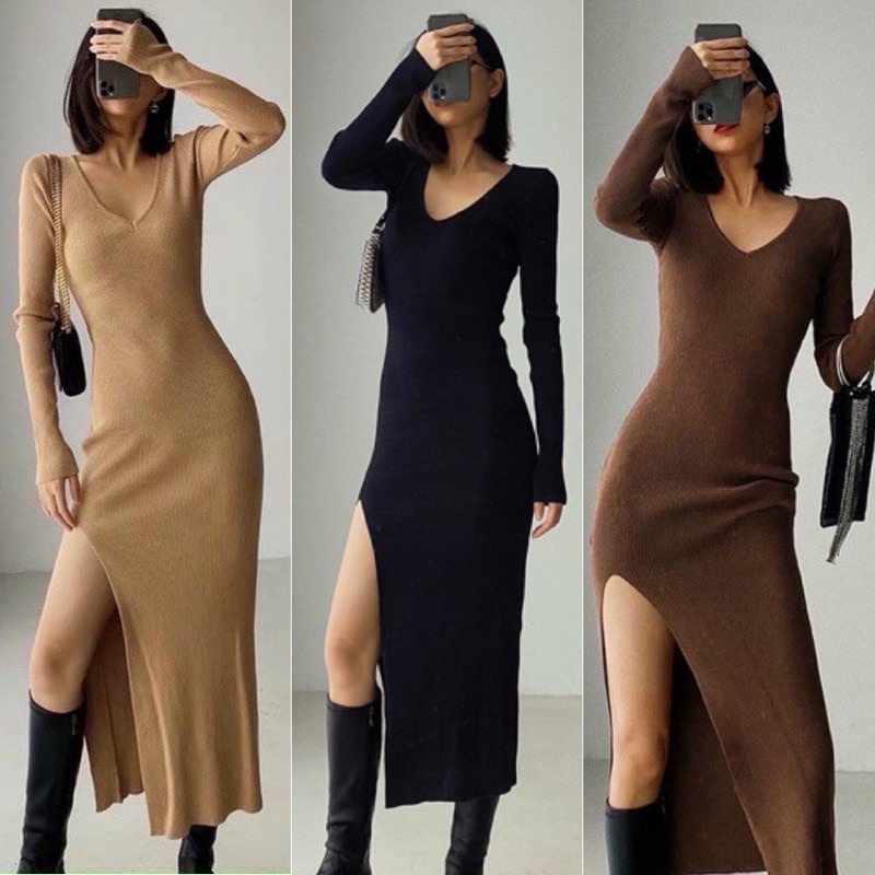 Đầm nữ ôm body from dài phối xẻ tà (chiều dài 1m15)