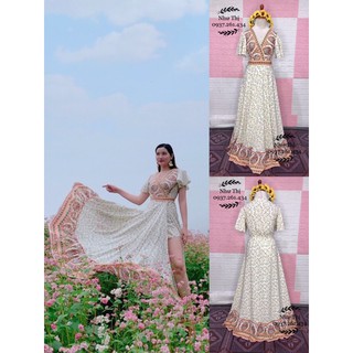 (miễn phí chỉnh váy) maxi hoạ tiết thổ cẩm tay dài váy xẻ tà đi du lịch núi sa mạc đà lạt hoa chụp hình sống ảo thiết kế