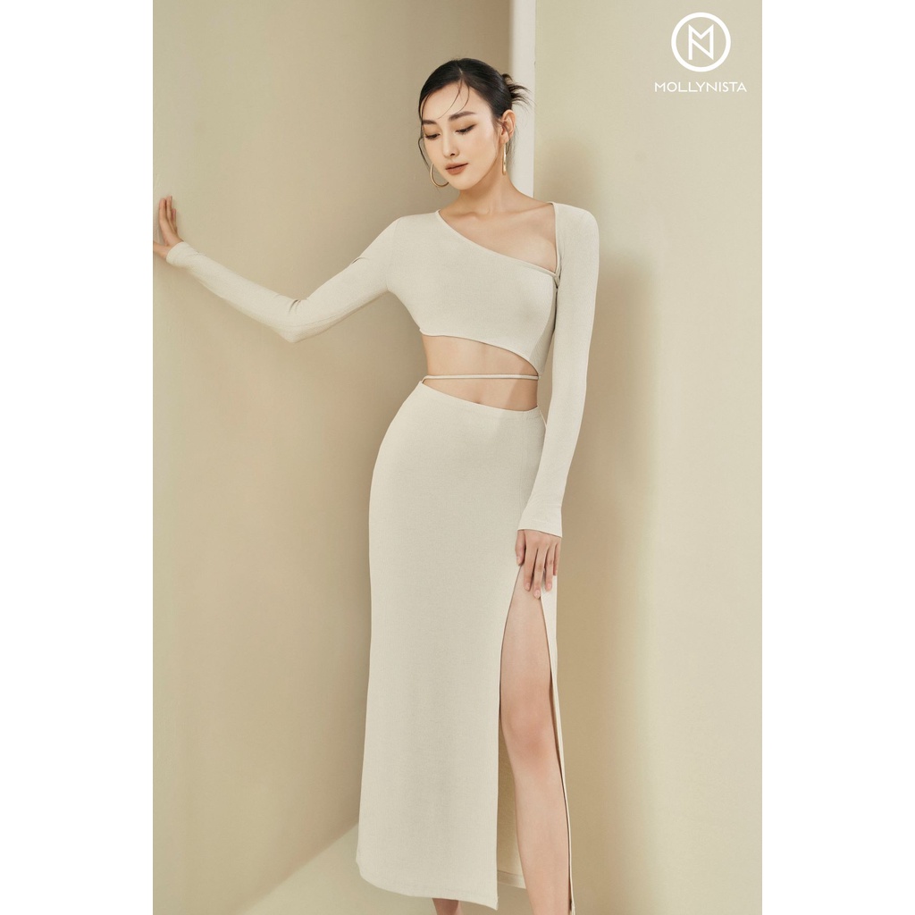 MOLLYNISTA - Set Linson áo váy thun tăm cut out quyến rũ tôn dáng trendy thiết kế cao cấp