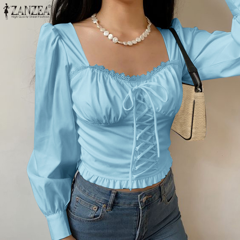 Áo kiểu ZANZEA ngắn dáng ôm tay dài cổ vuông thời trang cho nữ