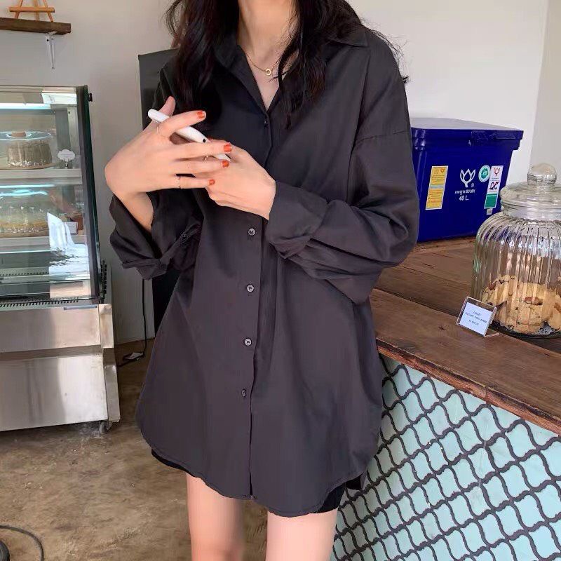 Áo Sơ Mi Trơn Vạt Đuôi Tôm, Màu Đen Basic Tay Bồng Chất Mềm Mát ( kèm ảnh thật )