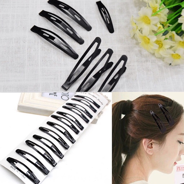 Vỉ 12 chiếc cặp tóc, ghim tách bật, kẹp mái đen, ghim tóc mái