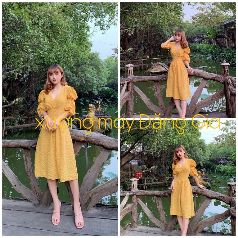 Đầm tay nhún cổ tim,đầm tay lỡ công sở xinh sắn P4215