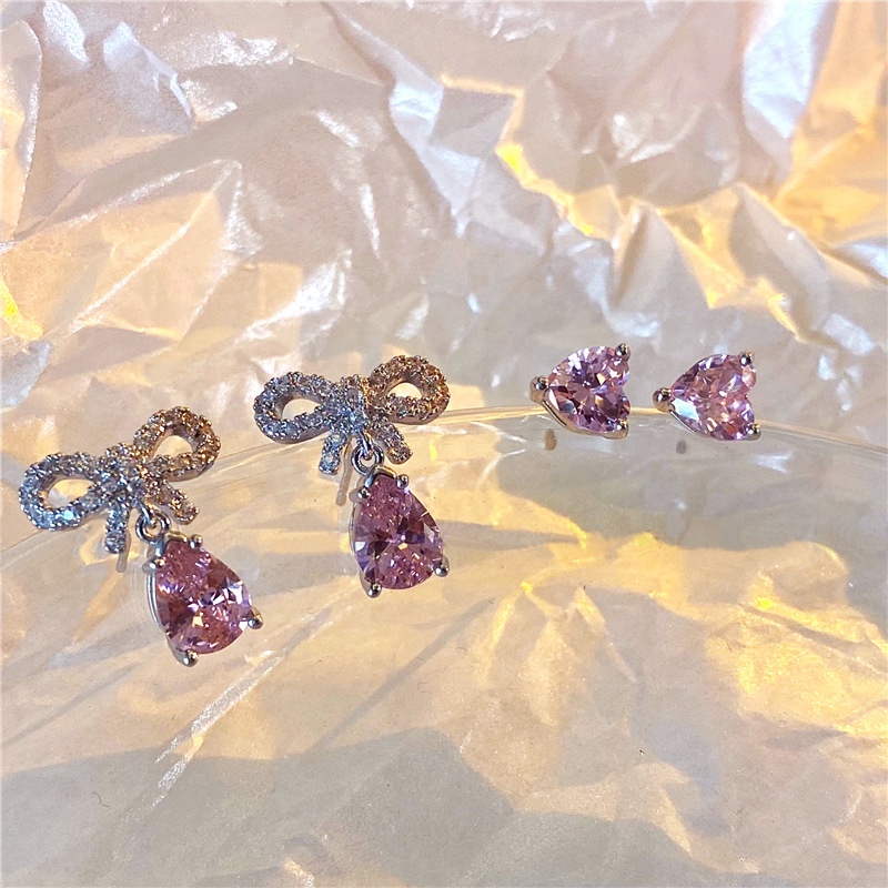 Khuyên Tai Hình Nơ Đính Đá Zircon Hồng Siêu Lấp Lánh Sang Trọng Phong Cách Hàn Quốc Dành Cho Bạn Nữ