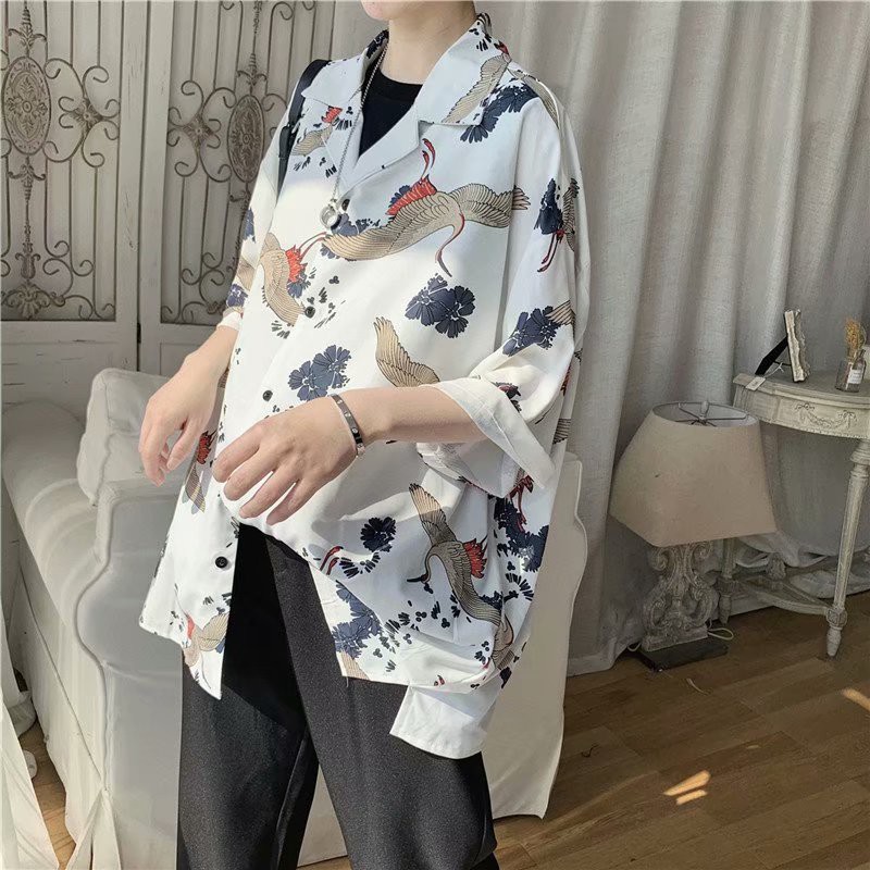 Áo sơ mi tay ngắn in họa tiết hồng hạc thời trang dành cho nam