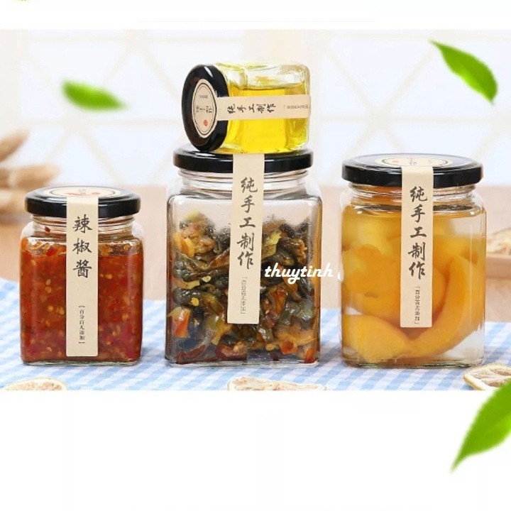 Bộ 5 hủ Thủy Tinh vuông 500ML Đựng Thực Phẩm, đựng gia vị, đựng bột nghệ, đựng mật ong, nắp thiếc vàng hoặc đen | BigBuy360 - bigbuy360.vn