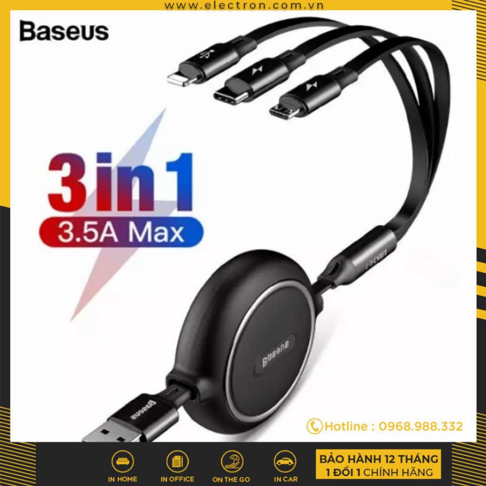 KATIEEL Cáp sạc dây rút 3 đầu Baseus Golden Loop 3 in 1 Elastic (3.5A, Adjustable, Fast Charge Cable)